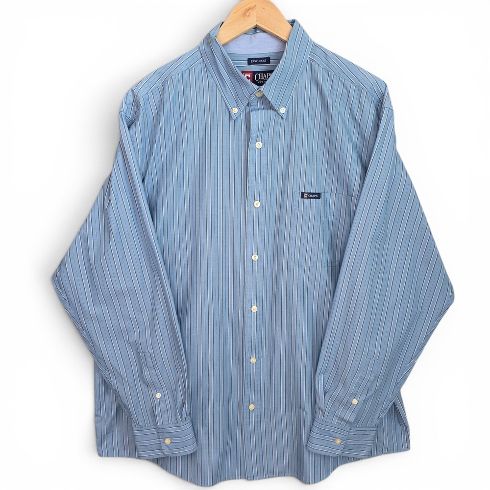 Chaps Shirt Mens XL Blue Striped Button Down‎ Easy Care Cotton Blend Casual